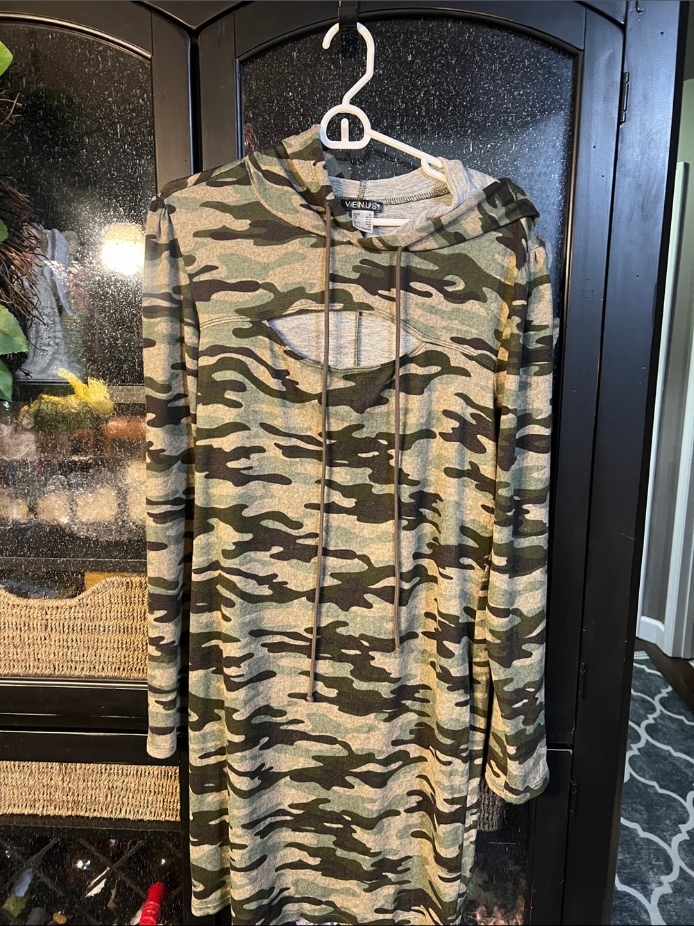 VENUS Green Camo Hooded Long Sleeve Dress with cut out.